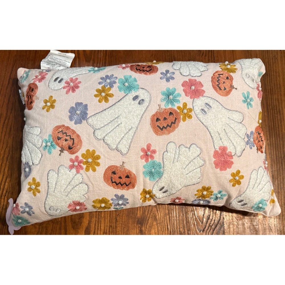 NWT  HALLOWEEN GHOST  PUMPKIN 13 X 21 OVERSIZED PILLOW BEADED FLOWERS